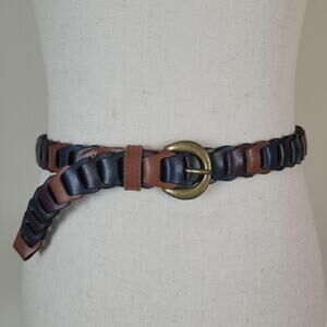 Colorful Leather Belt Small Brown Blue Braided Woven Boho Vintage 80s Festival